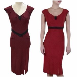Stop Staring! Burgundy Retro Wiggle Pin Up Dress w/ Black Polka Dot Size S